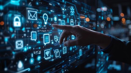 Fototapeta premium Tech Savvy Mastering the Digital Realm with Holographic Interface Cloud Computing Email Data Analytics System Settings. Professional Hand in Futuristic Office Setting