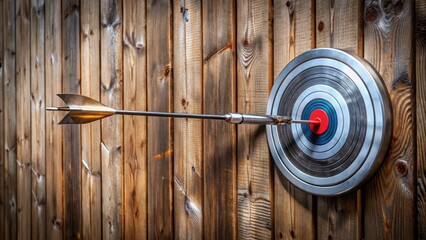 Fototapeta premium A single, sleek silver arrow pierces the center of a large, prominent target, surrounded by dull, missed attempts on a worn wooden wall.