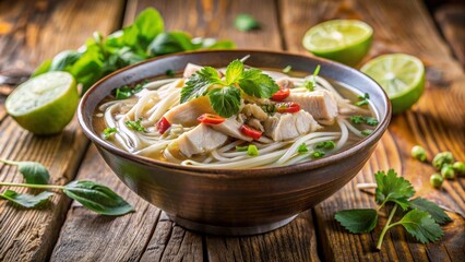 Steaming hot classic Vietnamese chicken pho noodle soup served in a white bowl with fresh cilantro and bean sprouts garnishes.