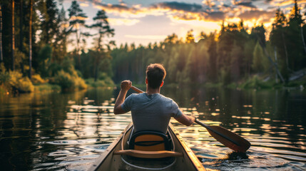 Man kayaking at sunset in tranquil forest lake, back view. Peaceful nature adventure with scenic landscape, reflection of trees on water