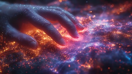  Hand touching a spinning data flow, data flow processing visualization background 