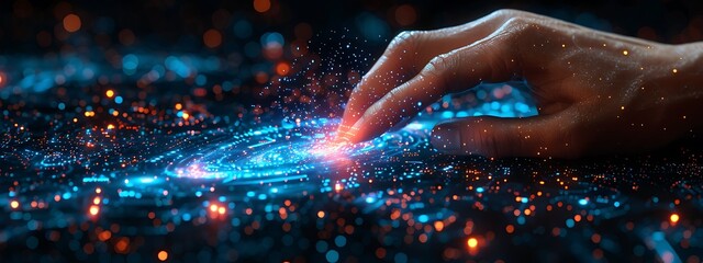  Hand touching a spinning data flow, data flow processing visualization background 