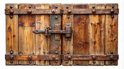Rustic worn wooden country door with rusty metal hinges and old-fashioned lock, isolated on a pure white background, evoking nostalgia.