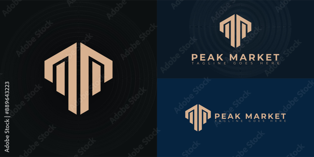 Aufkleber abstract initial hexagon letter pm or mp logo in gold color isolated on multiple background colors. 