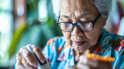 Elderly woman using glucose meter to check blood sugar levels at home