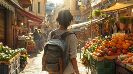 Obraz premium Vibrant Market Exploration Young Adventurer with Gray Backpack in Charming Townscape