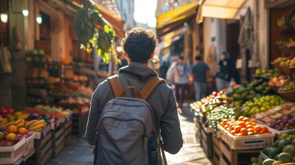 Vibrant Market Exploration Young Adventurer with Gray Backpack in Charming Townscape