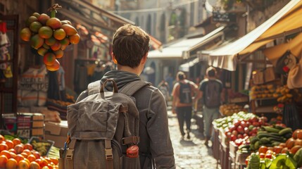 Sunlit Market Exploration Young Traveler with Gray Backpack in Vibrant Town Scene