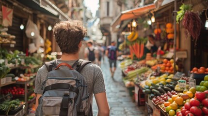 Sunlit Market Exploration Young Traveler with Gray Backpack in Vibrant Town Scene
