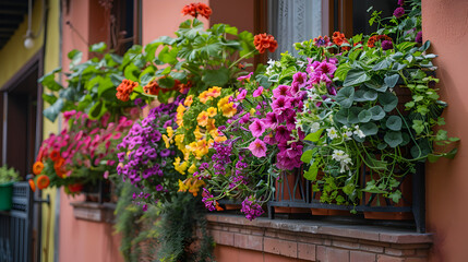 Naklejka premium Balcony container garden: vibrant floral displays, integrates greenery into city living