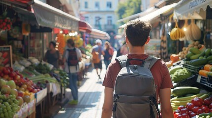 Obraz premium Sunlit Market Exploration Young Traveler with Gray Backpack in Vibrant Town Scene