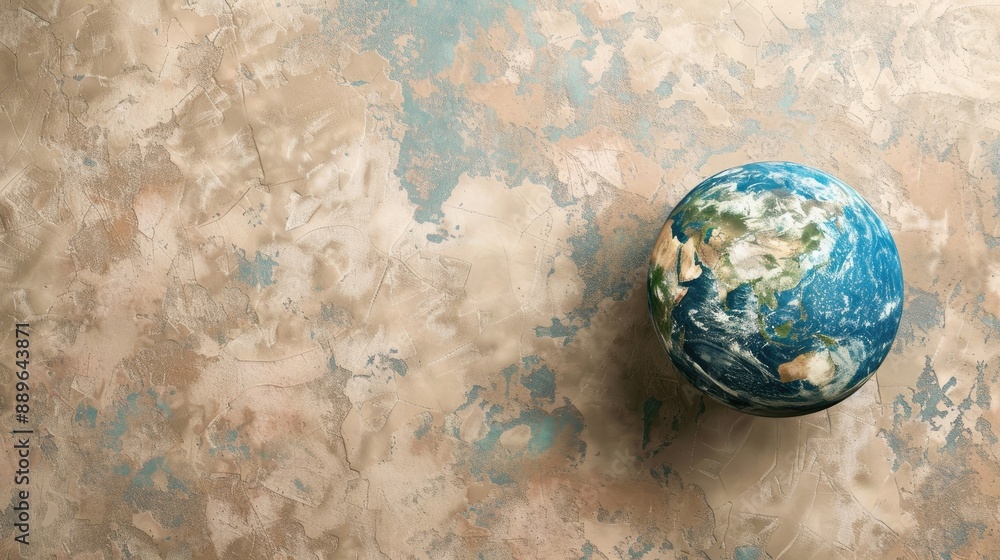 Poster earth globe on beige background with abstract wallpaper top view of world globe in close up with atl