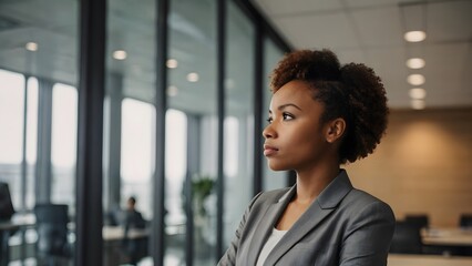 Young African female entrepreneur looking pensive in a corporate office
