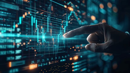 FutureFocused Financial Analysis Hand Pointing at Glowing Holographic Chart with Candlestick Patterns and Trend Lines Technology Innovation DecisionMaking