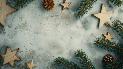 Festive layout with space for text viewed from above Holiday greeting card design featuring wooden stars and pine trees