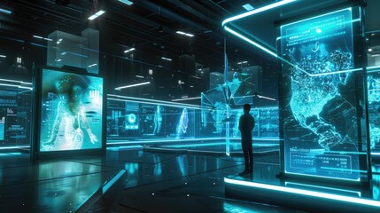 A futuristic art gallery with holographic installations and interactive exhibits.