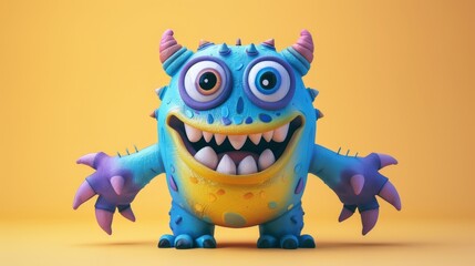 Fototapeta premium Cute 3D cartoon monster with colorful background. This character could be related to animation, children’s media, or character design.