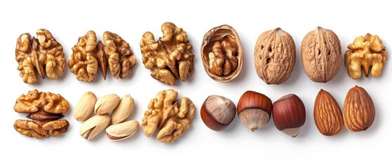 Obraz premium Assorted nuts including walnuts, pistachios, hazelnuts, and almonds in a row on a white background. Healthy and nutritious snack option.