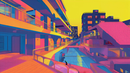 illustration, human figure Architecture, flat illustrations of people, in bright neon and color style, sketches,