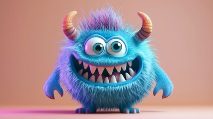 Obraz premium Cute 3D cartoon monster with colorful background. This character could be related to animation, children’s media, or character design.