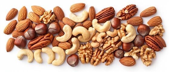 Assorted nuts including almonds, cashews, walnuts, and pecans displayed on a white background. Perfect for health food concepts.