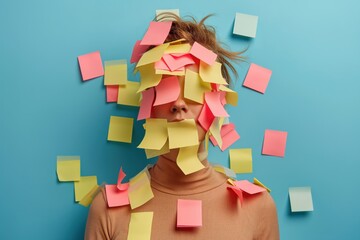 Woman covered in sticky notes at work