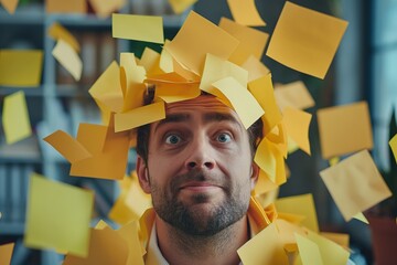 Man surrounded by yellow sticky notes
