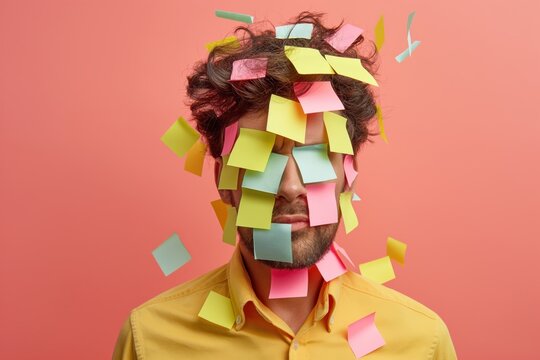 Man with sticky notes covering his face at work