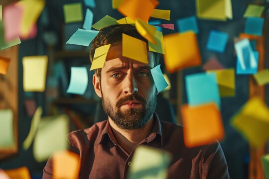 Man with colorful sticky notes falling around him