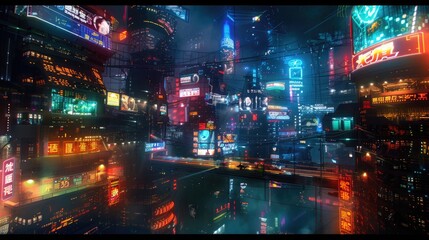 A futuristic city at night, illuminated by neon lights and holographic advertisements.