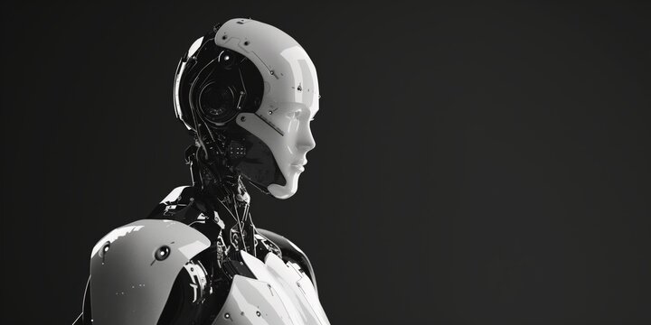 A humanoid robot on a black background turns on and rais - Powered by Adobe