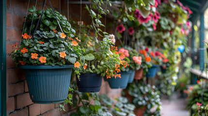 Naklejka premium Hanging flowerpot container baskets: creative plant arrangements, aerial garden display