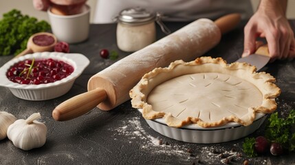 Fototapeta premium A baker rolling out pie dough with a wooden rolling pin, with a pie dish and filling ingredients nearby, high-resolution photo, realistic photo, cinematography, hyper realistic