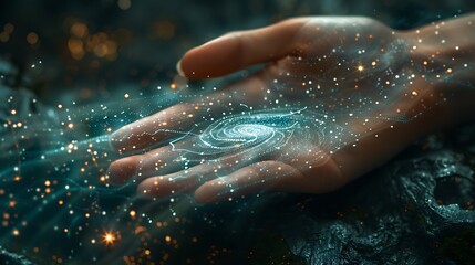 Fototapeta premium Hand touching a spinning data flow, data flow processing visualization background 