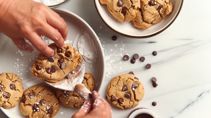 Fototapeta premium A baker's hands carefully folding chocolate chips into cookie dough, with a bowl of ingredients nearby, high-resolution photo, realistic photo, cinematography, hyper realistic