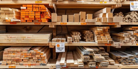 Fototapeta premium Lumber (wooden beams) on display in hardware store shelving