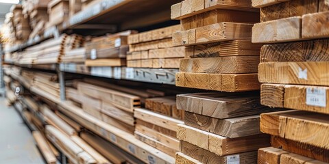 Fototapeta premium Lumber (wooden beams) on display in hardware store shelving