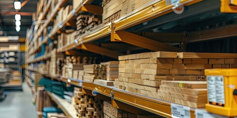 Lumber (wooden beams) on display in hardware store shelving