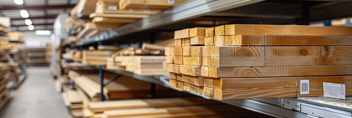 Lumber (wooden beams) on display in hardware store shelving