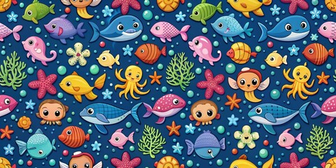 Sea Life Pattern - Colorful Fish, Starfish, and Seaweed on Blue Background, seamless, marine, cartoon, underwater