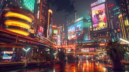 A futuristic cityscape at night, illuminated by neon lights and holographic advertisements.