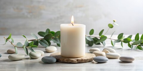 Serene Candle and Stones with Eucalyptus Branch,  Zen, Spa, Relaxation, Wellness