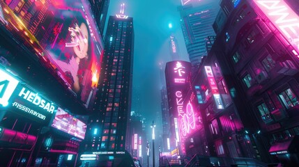 Fototapeta premium A futuristic cityscape at night, illuminated by neon lights and holographic advertisements.