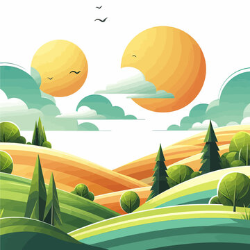  vector of landscape with rolling hill and trees  mountains and clouds