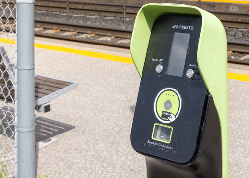 Toronto Canada, July 17, 2024; Close up of a Presto and credit card electronic fare payment terminals at a GO train station.