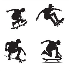 silhouettes of Skateboarders sets on  vector different poses with white background 

