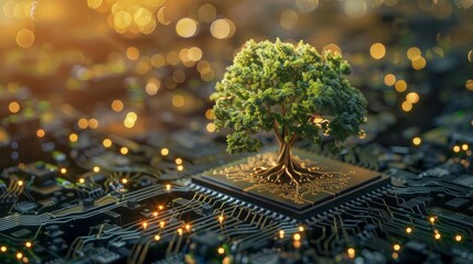 Digital Tree of Sustainability Nature and Technology Merge in Vibrant Harmony