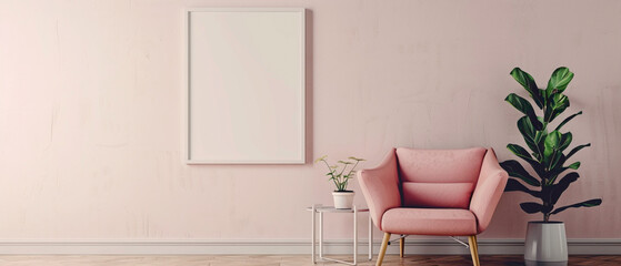 Sink into relaxation with a luxurious single sofa chr in gentle blush pink, pred with a delightful little jade plant, and a blank empty white frame enhancing a serene, unembellished wall.