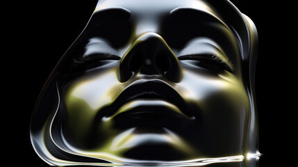  3D abstract face of a woman in the style of fluid glass sculpture, minimalistic and elegant, with a metallic finish against a dark background with high contrast and a glossy finish