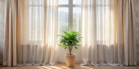 Sunlight Through Sheer Curtains With a Green Plant, Interior Design, Window Decor, Home Decor, Curtains , plant , decor